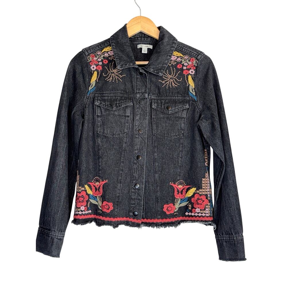 Francescas Miami Black Denim Floral Embroidered Jacket Womens Small Cowgirl